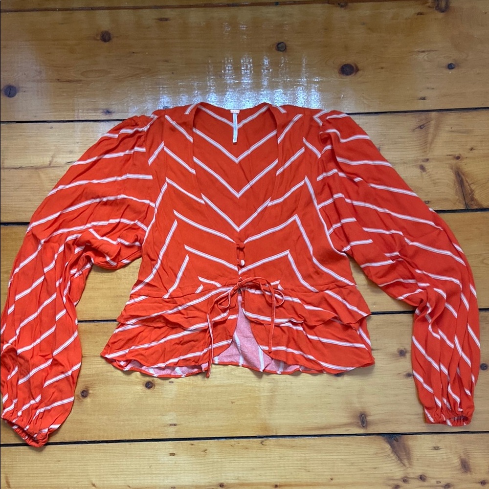 Free People Orange and White Double Ruffle Hem Long Sleeve Blouse - Size Small